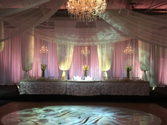 Wedding lighting and draping with dining table and dancefloor